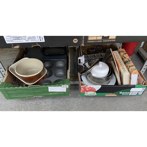 128 - 2 Boxes containing pans and bake ware etc