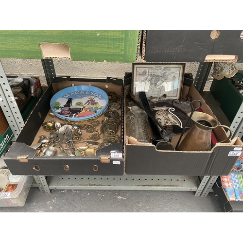 58 - 2 Boxes containing brass ware and cutlery