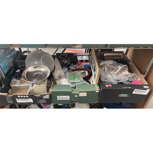 221 - 3 Boxes containing shoes, kitchen scales and other household items