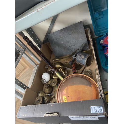 238 - Box containing brass door knobs and a bed pan etc