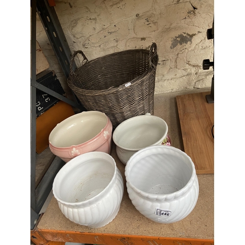 446 - 4 Plant pot holders and a basket