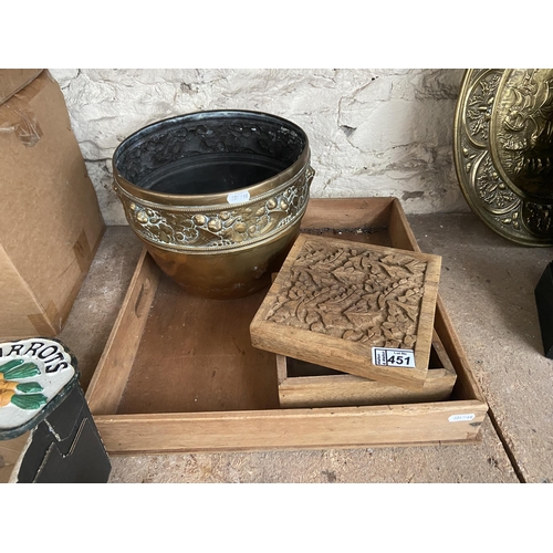 451 - Wooden tray and box including brass plant pot