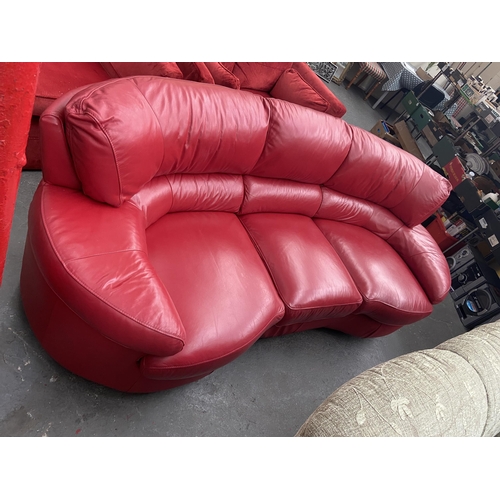 542 - Red leather 3 seater sofa