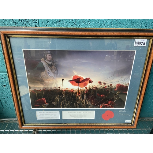 578 - A Remembrance framed and glazed print with stamps