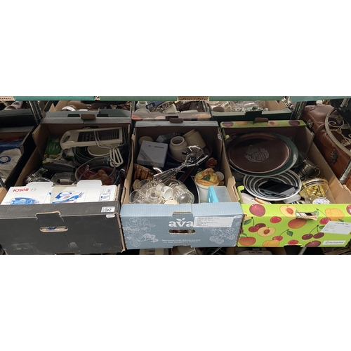 92 - 3 Boxes containing a clock, an iron and glass etc