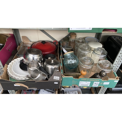 164 - 2 Boxes containing jars, casseroles and stainless steel etc