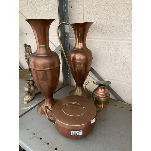 19 - Copper vase and jug etc