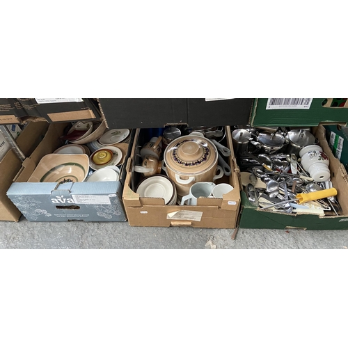 208 - 3 Boxes containing cutlery, pans and mugs