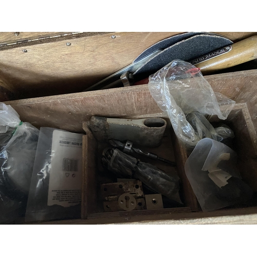 252 - Wooden toolbox and contents