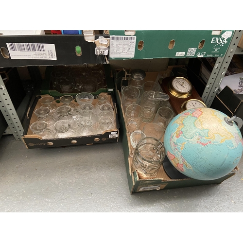 36 - 2 Boxes containing vintage desert glasses, barometer and a Danish 'Scan-Globe'