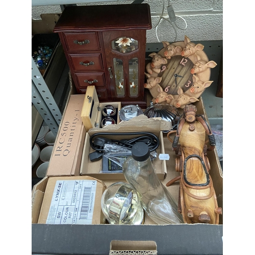 63 - Box containing a pig clock, wooden car and jewellery box etc