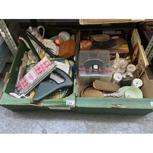 64 - 2 Boxes containing assorted household items including Wedgwood cups & saucers