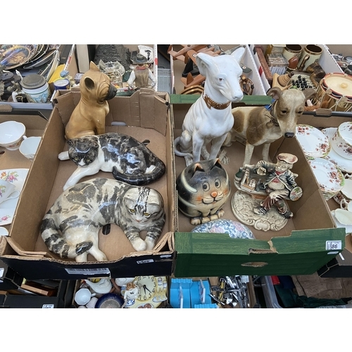 86 - 2 Boxes containing large ceramic cats and whippets etc