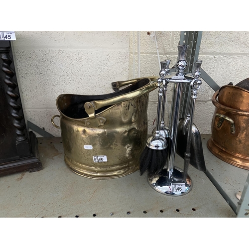 46 - Brass coal scuttle and a companion set