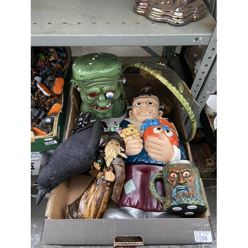 56 - Box containing a ceramic Frankenstein's monster, wizard and a crow etc