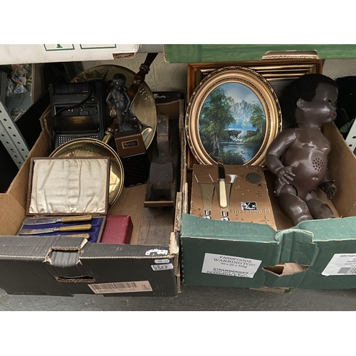 22 - 2 Boxes containing a large wood plane, 'bed pan' clock and vintage cutlery