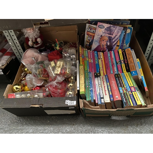 23 - 2 Boxes containing Christmas decorations and children's books