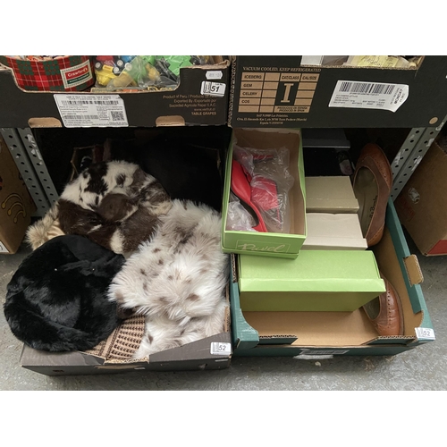 52 - 2 Boxes containing 'fur' hats and lady's new shoes