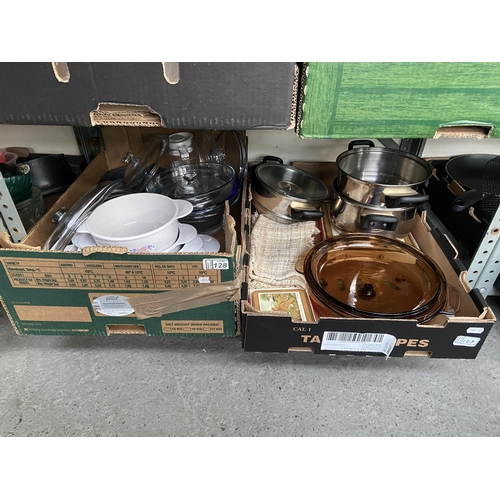 128 - 2 Boxes containing casserole dishes etc