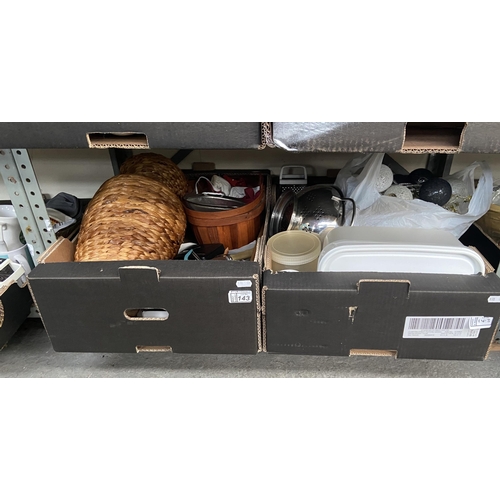 143 - 2 Boxes containing a colander and cutlery etc