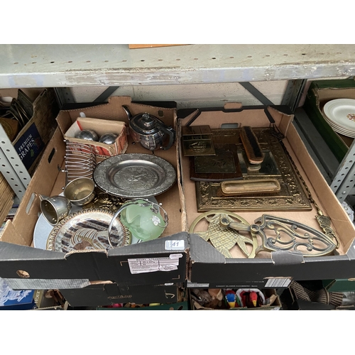 41 - 2 Boxes containing plated ware and a brass pan stand etc