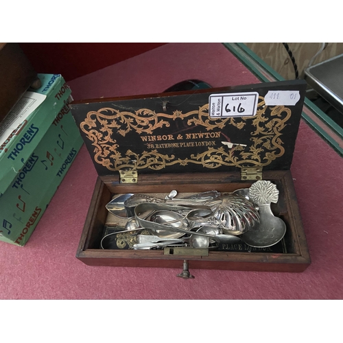 616 - Box containing vintage cutlery including silver