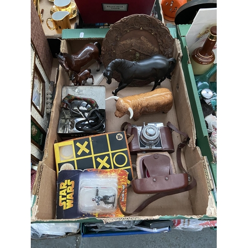 103 - Box containing vintage Koroll camera, travel iron and Beswick bull A/F etc