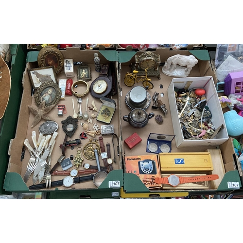 107 - 2 Boxes containing curios including coins, watches and cutlery