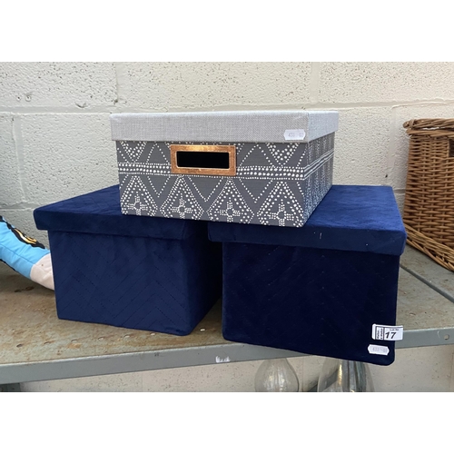 17 - 2 Velvet storage boxes plus one other