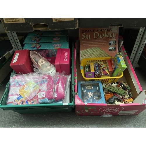 22 - 2 Boxes containing children's new shoes, dressing gowns and jumpers etc