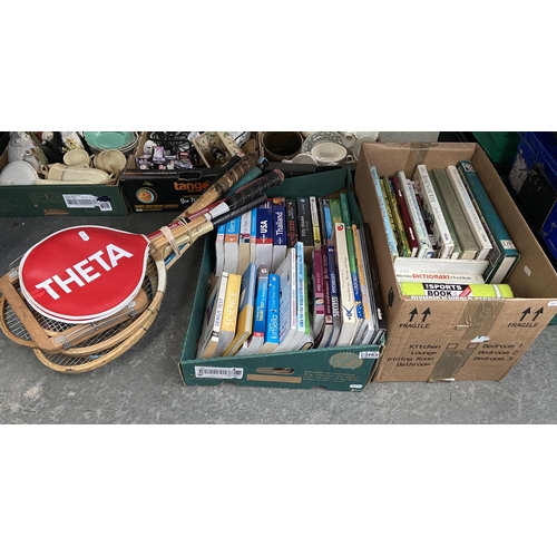 469 - 2 Boxes containing books and a quantity of rackets