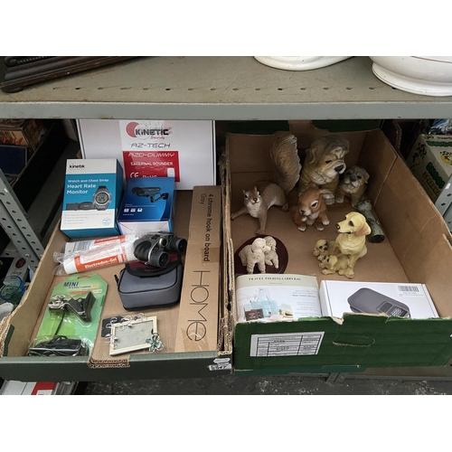 47 - 2 Boxes containing animal ornaments, binoculars and electronics