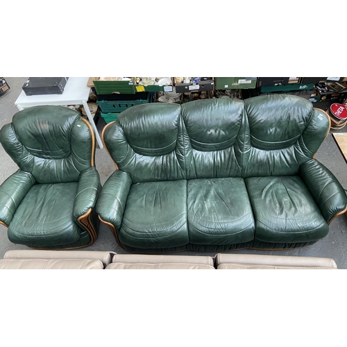 473 - Green leather 3 seater sofa and chair