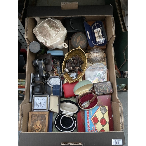 66 - Box containing wristwatches, spectacles, vintage tins and curios