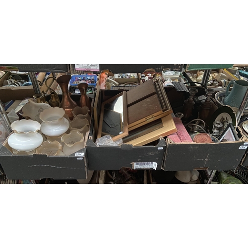 84 - 3 Boxes containing vintage glass shades, brass ware and candelabra etc