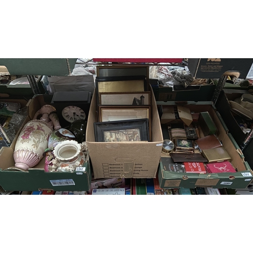 92 - 3 Boxes containing hip flasks, pictures and ornate vases etc