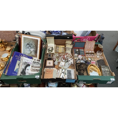 94 - 3 Boxes containing a hanging scale, cake forks, postcards and curios