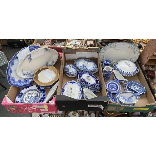 99 - 3 Boxes containing assorted vintage blue & white ceramics including Meakin