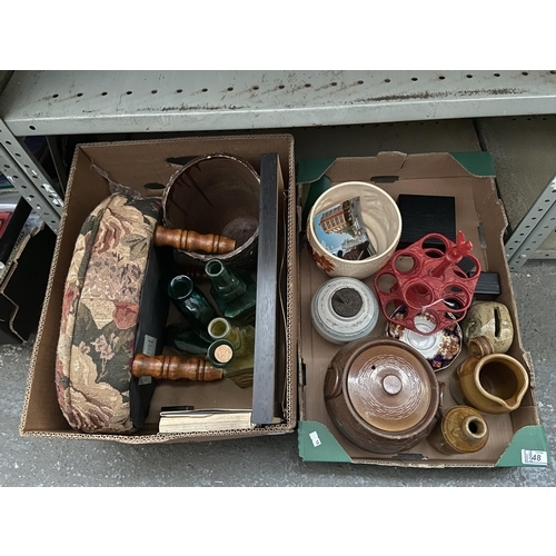 48 - 2 Boxes containing stoneware, cast egg holder and a stool etc