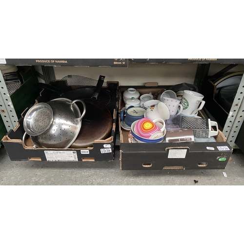 136 - 2 Boxes containing pans, mugs and a colander etc