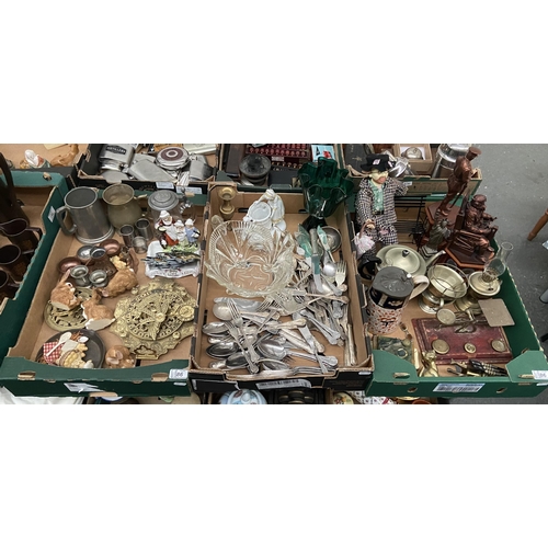 86 - 3 Boxes containing vintage cutlery, scales, plated ware and WW2 statues