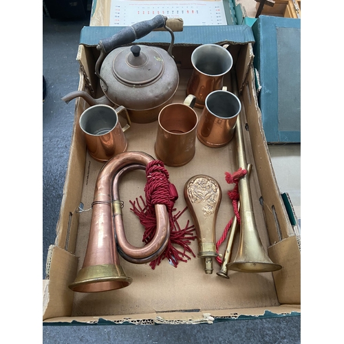 109 - Box containing copper tankards and a powder flask etc