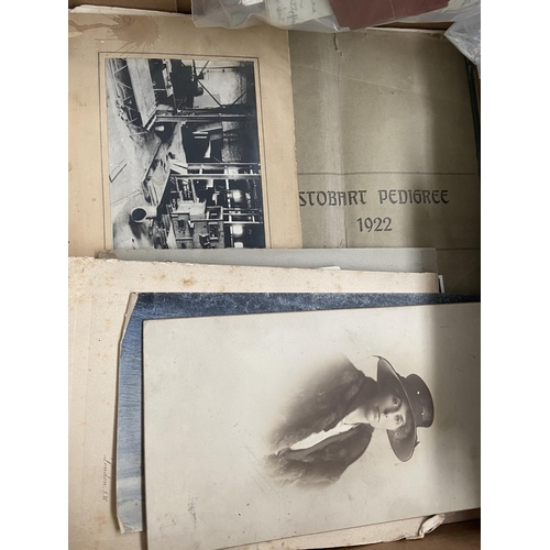 110 - Box containing vintage Stobart family photo album and ephemera
