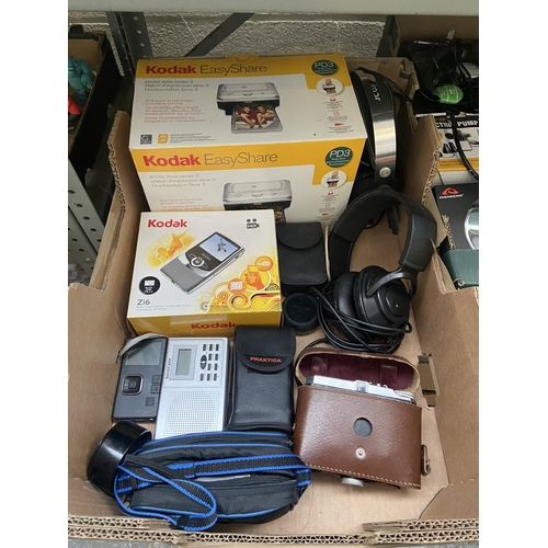 63 - Box containing a Kodak printer dock, video camera and headphones etc