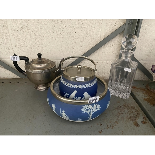 25 - Wedgwood barrel, bowl and a plated teapot etc