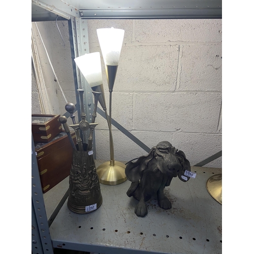 50 - Brass companion set, resin dog and a lamp