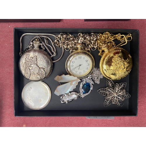 629 - Tray containing pocket watches and a silver necklace etc