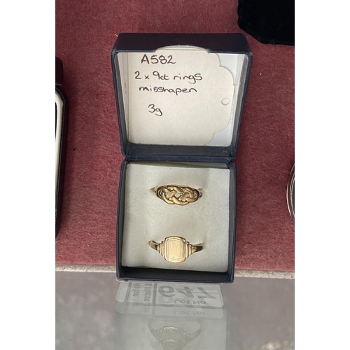 647 - 2 9ct Gold rings (one misshapen, 3g)