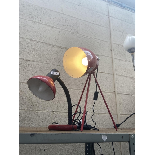 58 - A red industrial style table lamp plus one other