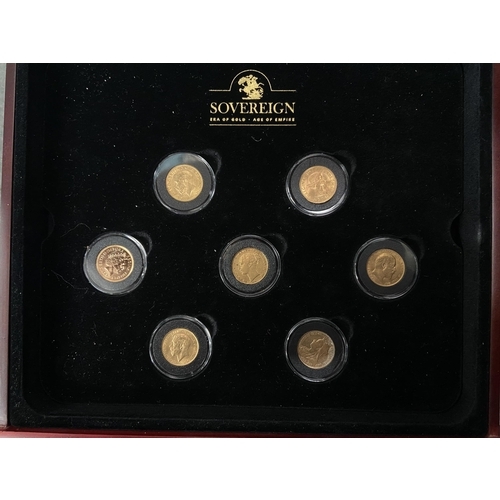 1014 - Display case containing 7 full sovereigns (1871, 1895, 1910, 1915, 1928, 1957 & 2006) - Only 10% buy... 